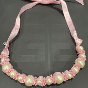 Stella & Dot Little Dottie Necklace for Girls. Pink Gingham Ribbon And Pearls